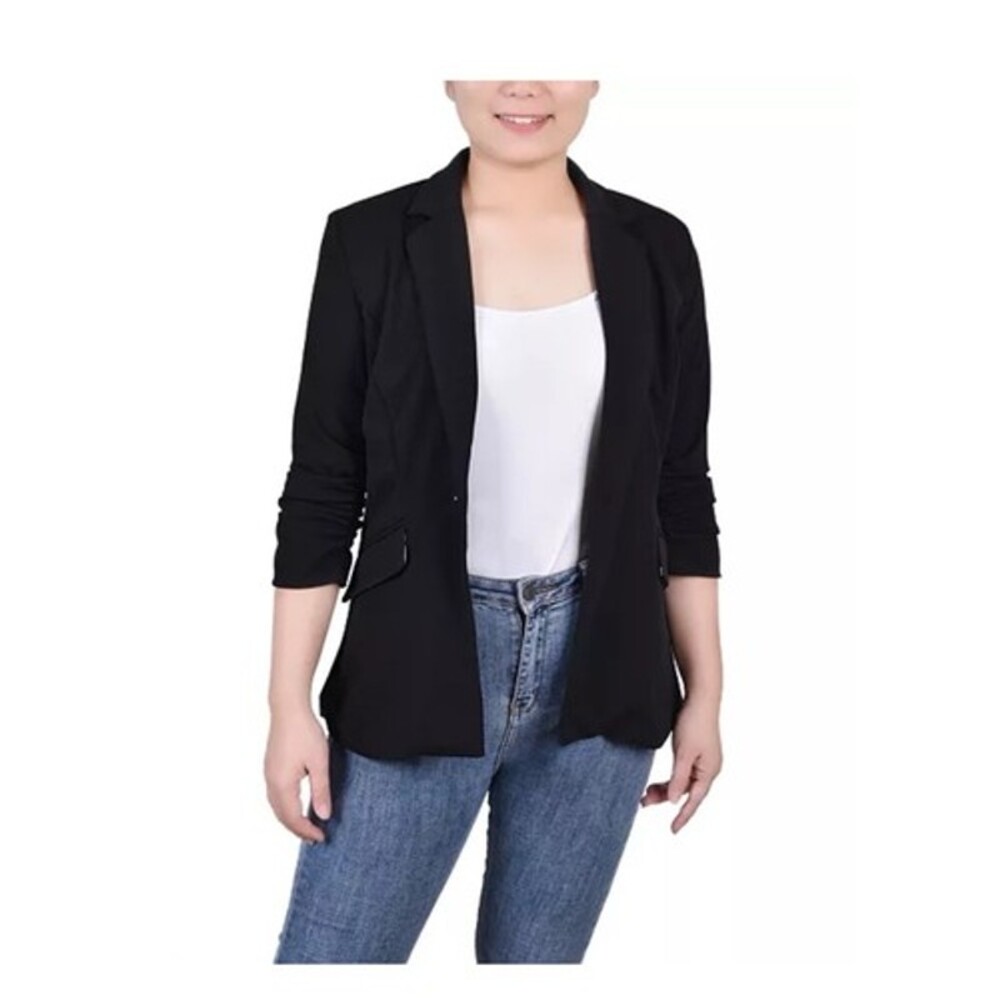 NY Collection Women Crepe Ruched Blazer Jacket One Button 3/4 Sleeve Black SZ L